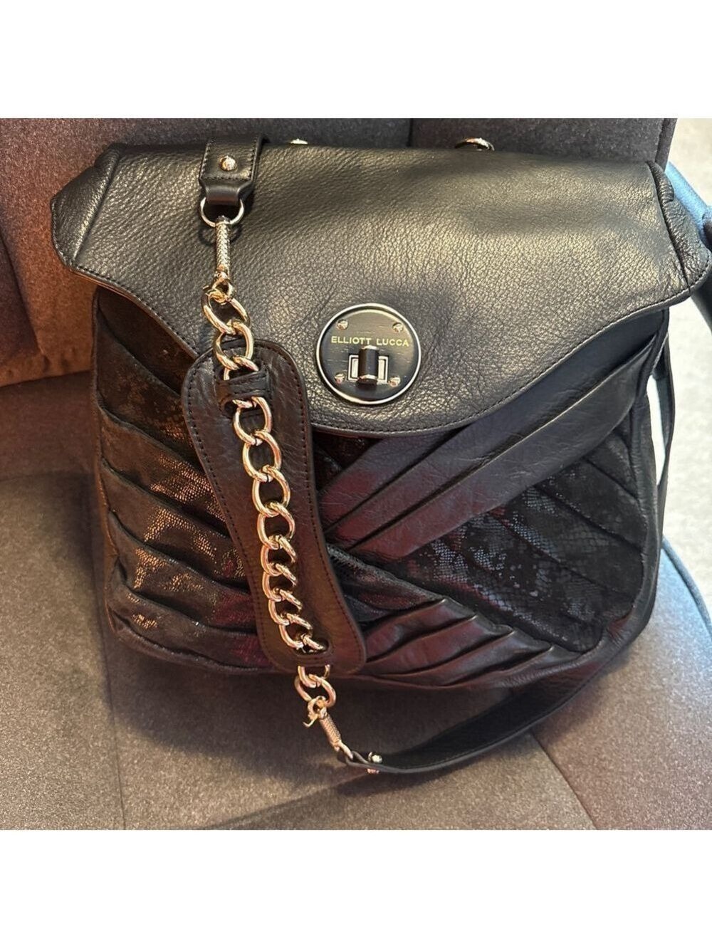 Elliott Lucca Teba Convertible Backpack – Black Leather and Gold Chain Strap - Picture 3 of 13